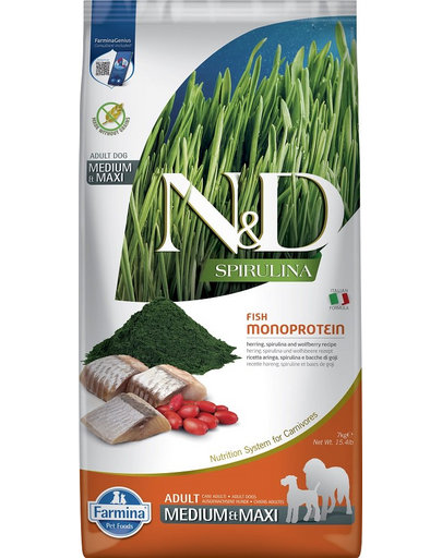 FARMINA N&D Spirulina Adult Medium&Maxi Herring & Wolfberry 7 kg Hrana uscata caini talie medie si mare, cu hering si spirulina