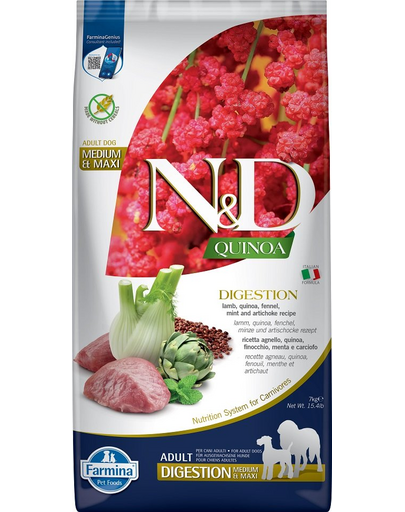FARMINA N&D Quinoa Dog Adult Medium&Maxi Digestion Lamb & Fennel 7 kg Hrana caini talie mredie si mare cu tulburari digestive, cu miel