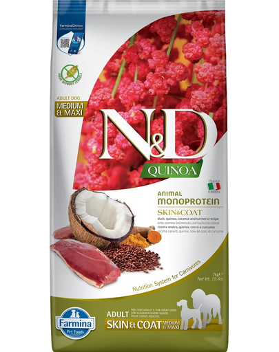 FARMINA N&D Quinoa Skin&Coat Duck&Coconut Adult 7 kg Hrana uscata caini, cu rata, quinoa si cocos