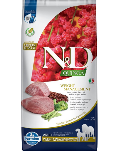 FARMINA N&amp;D Quinoa Dog Adult Medium&amp;Maxi Weight Management Lamb &amp; Broccoli 7 kg Hrana pentru caini, pentru reducerea greutatii, cu miel si brocoli