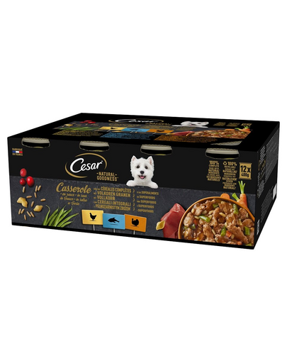 CESAR Natural Goodness Casserole 24x400 g hrana caini adulti cu pui, cu peste alb, curcan in sos cu cereale integrale