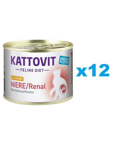 KATTOVIT Feline Diet Niere/Renal hrana umeda dietetica pentru pisici cu afectiuni ale rinichilor, cu pui  12 x 185 g