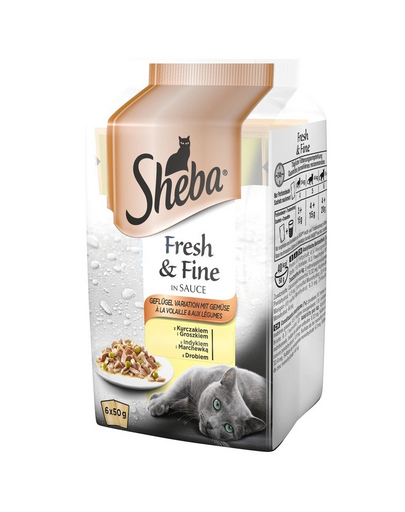 SHEBA Fresh & Fine in sauce 72 x 50 g cu pui și mazăre, curcan și morcov, păsări de curte