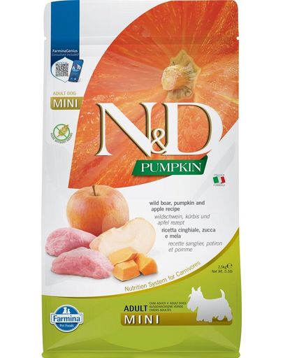 FARMINA N&D GF Adult Mini Pumpkin Boar&Apple hrana uscata caini adulti talie mica, dovleac, mistret si mar 2.5 kg