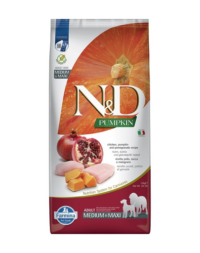 N&D Pumpkin Chicken & Pomegranate Adult Medium & Maxi 12 kg hrana caini adulti talie medie/mare, pui si rodie