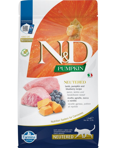 FARMINA N&D Pumpkin Hrana pentru pisici adulte sterilizate sau castrate, cu miel si afine - 1,5 kg