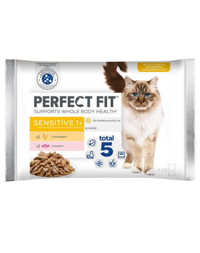 PERFECT FIT Sensitive 1+ plicuri in sos 4x85 g cu pui si somon pentru pisici adulte