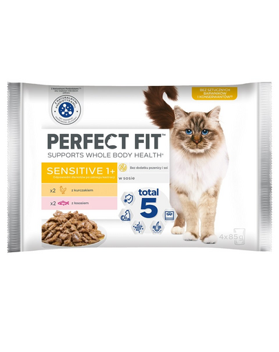 PERFECT FIT Sensitive 1+ 52x85g plicuri hrana pisiic, in sos de pui cu somon