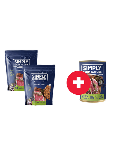 SIMPLY FROM NATURE Carnaciori cu vita, pentru caini 2 x 300g + conserva rata si morcov GRATIS