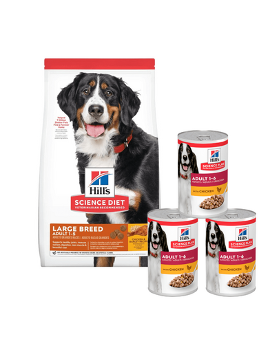 HILL\'S Science Plan Adult Dog Large Dry Chicken cu pui 14 kg talie mare + 3 conserve 370 g GRATIS