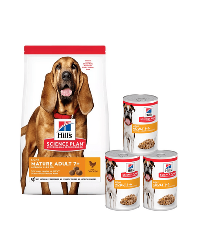 HILL\'S Science Plan 7+ Dog Mature Light Medium Chicken 14 kg hrana caini maturi + 3 conserve GRATIS