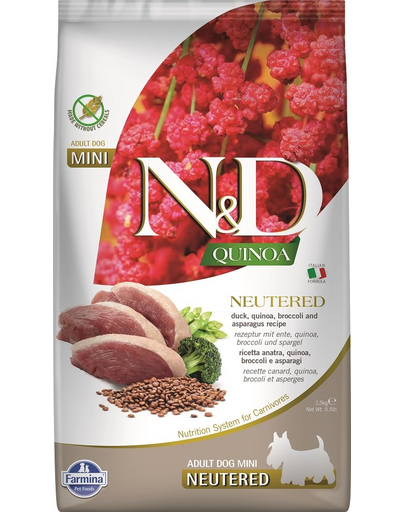 FARMINA N&D Quinoa Hrana pentru caini sterilizati de talie mica, cu rata, broccoli si sparanghel  2,5 kg