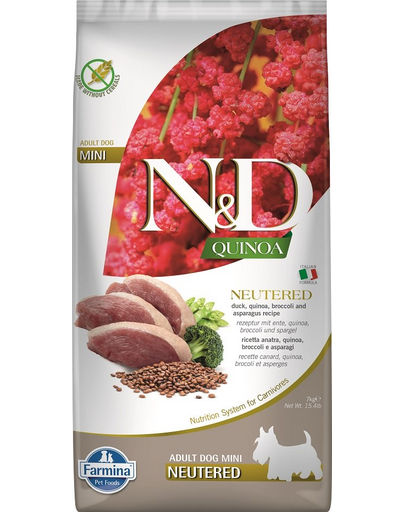 FARMINA N&D Quinoa Hrana pentru caini sterilizati sau castrati de talie mica, cu rata, broccoli si sparanghel 7 kg