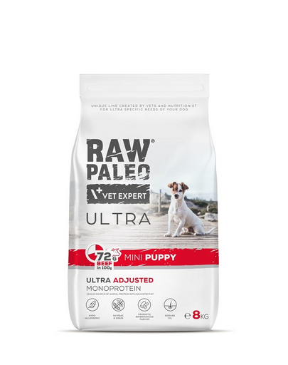 RAW PALEO Ultra Beef Mini Puppy 8kg Sac mancare pentru catei talie mica, cu vita
