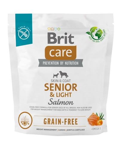 BRIT Care Grain-free Senior&Light 1 kg Hrana caini seniori cu tendinta de ingrasare, cu somon si cartofi