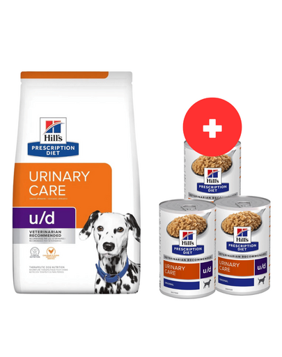HILL\'S Prescription Diet Canine U/D Urinary Care 10 kg tract urinar sensibil + 3 x 370g hrana caini GRATIS