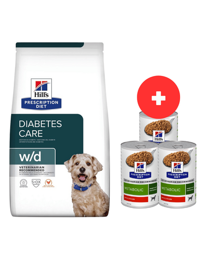 HILL\'S Prescription Diet w/d Diabetes Care Chicken Adult 10 kg dupa castrare/supraponderal + 3 x 370g mancare caini GRATIS