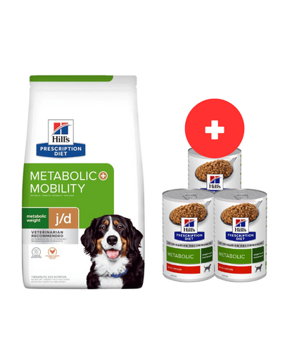 HILL\'S Prescription Diet Canine Metabolic + Mobility 12 kg caini supraponderali + 3 x 370g conserve GRATIS