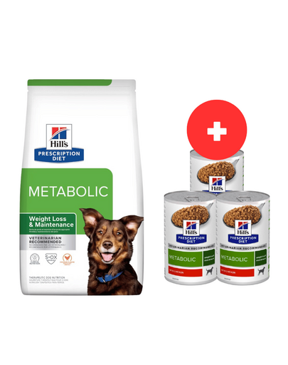 HILL\'S Prescription Diet Canine Metabolic 12 kg aliment caini supraponderali + 3 x 370g conserva hrana umeda GRATIS