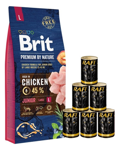BRIT Premium By Nature Junior Large L 15 kg + hrana umeda 6x1240 g cu pasare