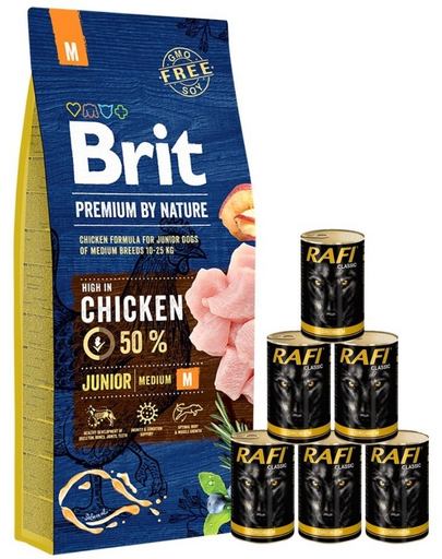 BRIT Premium By Nature Junior Medium M 15 kg + hrana cu pasare 6x1240 g