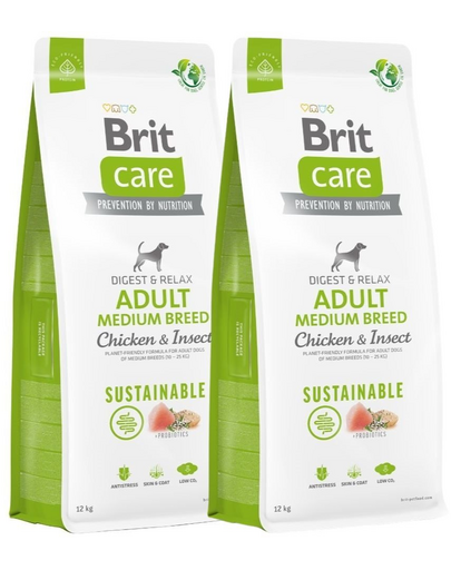 BRIT Care Sustainable Adult Medium Breed 2 x 12 kg hrana caini adulti talie medie, cu pui si insecte