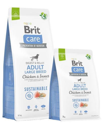 BRIT Care Dog Sustainable Adult Large Breed Chicken & Insect 12 kg + 3 kg Hrana caini talie mare, pui si insecte