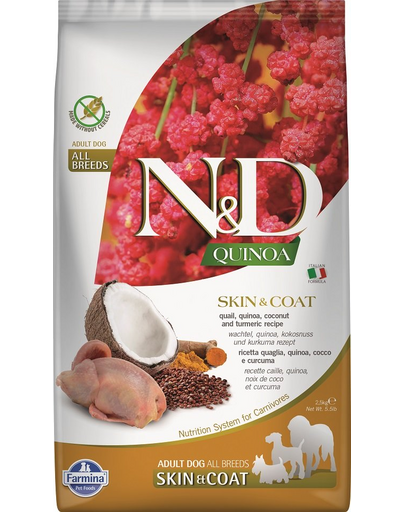 N&D Dog Quinoa Skin & Coat Quail 2.5 kg hrana uscata caini, cu prepelita
