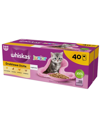 WHISKAS Junior 40x85g hrana pisoi umeda cu pui, rata, pasare si curcan in aspic