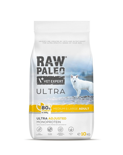 RAW PALEO Ultra Turkey Medium&Large Adult 10kg Sac mancare caini talie medie si mare, cu curcan