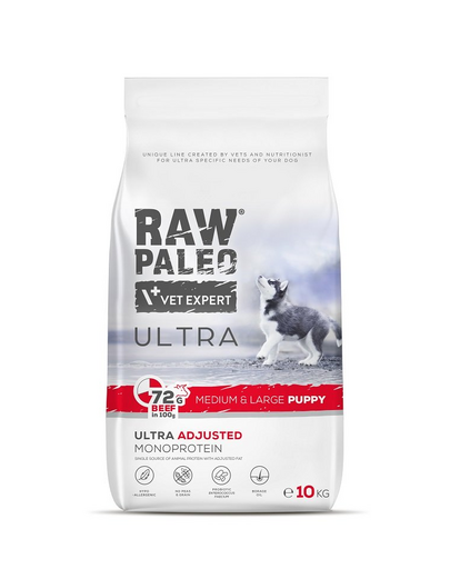 RAW PALEO Ultra Beef Medium&Large Puppy 10kg Hrana uscata cateide talie medie si mare, cu vita