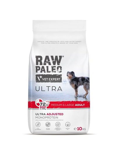 RAW PALEO Ultra Beef Medium&Large Adult 10kg Sac hrana uscata caine talie medie sau mare, cu vita