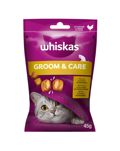 WHISKAS Groom and Care 8x45 g Recompense pentru pisici adulte, cu pui