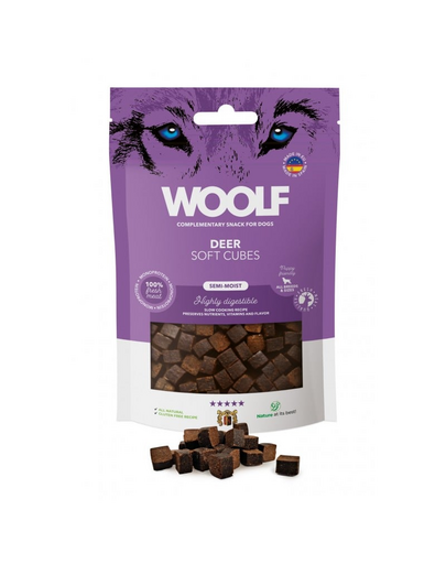 WOOLF Soft Cubes Deer Monoprotein 100g snack moale din vanat, pentru caine