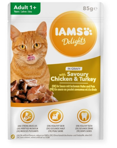 IAMS Cat Adult All Breeds Chicken & Turkey In Gravy Hrana umeda pentru pisici adulte, cu pui si curcan 85 g