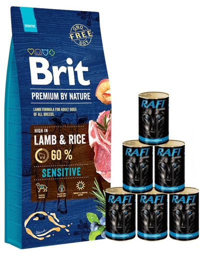 BRIT Premium By Nature Sensitive Lamb 15 kg + hrana cu miel 6x1240g