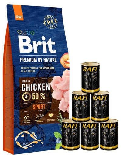 BRIT Premium By Nature Sport 15 kg + conserve hrana umeda caini 6x1240 g