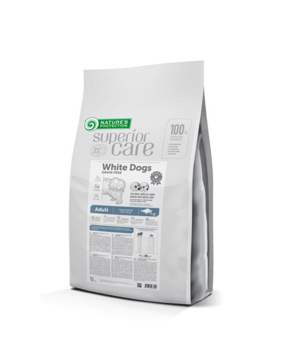 NATURES PROTECTION SUPERIOR CARE White Dogs Grain Free White fish Adult Large Breeds 10 kg cu peste alb pentru caini de rasa mare cu blana alba