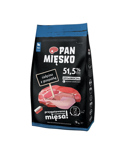 PAN MIĘSKO Hrana uscata caini junior talie mare, cu vitel si prepelita 9 kg