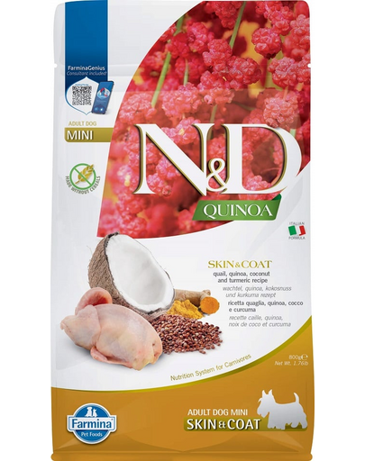 FARMINA N&D Quinoa Skin&Coat Mini Hrana caini talie mica, cu prepelita si nuca de cocos 800 g