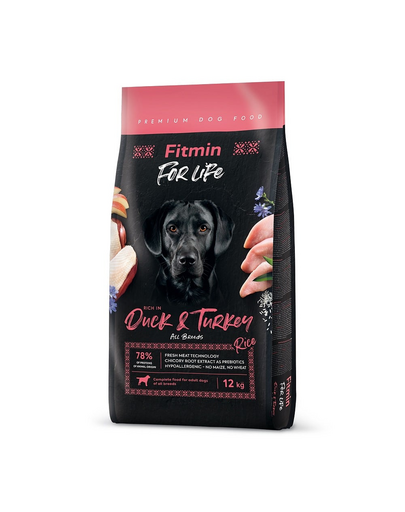 FITMIN dog For Life Duck & Turkey 12 kg hrana caine adult, rata si curcan