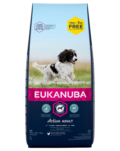 EUKANUBA Adult Medium Breed Hrana uscata pentru caini adulti de talie medie, cu pui si curcan 18 kg