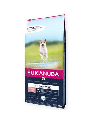 EUKANUBA Grain Free Senior Small/medium ocean fish 12 kg hrana caini seniori, bogat in peste oceanic