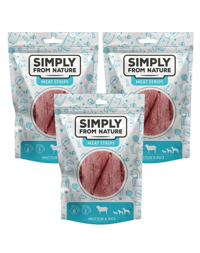 SIMPLY FROM NATURE Meat Strips Recompense caini, din carne de oaie si orez 3x80 g