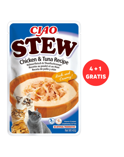 INABA CIAO Stew Mancare umeda piscia, tocanita cu pui si ton 4 x 40 g + 1 plic GRATIS