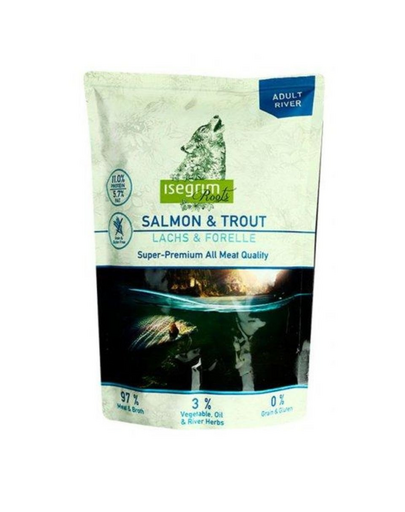 ISEGRIM Adult River Roots plic hrana pentru caini somon si pastrav 410 g