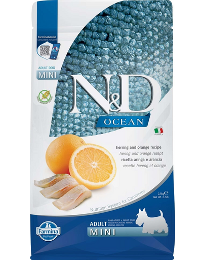 FARMINA N&amp;D Ocean Dog Adult Mini Hrana uscata pentru caini adulti de talie mica, cu hering si portocale 2,5 kg