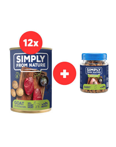 SIMPLY FROM NATURE Conserve caini, capra si cartofi 12 x 400 g + recompense cu iepure 130 g cu 2 RON