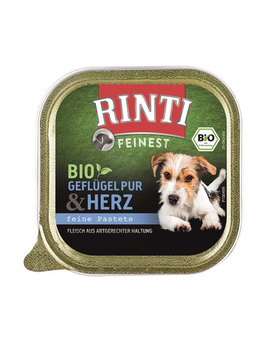 RINTI Feinest Bio Poultry Pure&Poultry hearts pate pentru caini cu pasare si inimi de pasare 150 g