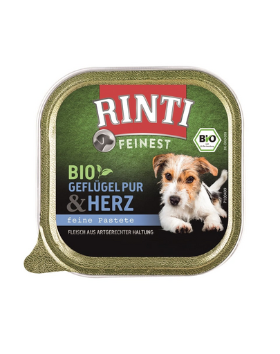 RINTI Feinest Bio Poultry Pure&Poultry hearts pate pentru caini cu pasare si inimi de pasare 150 g